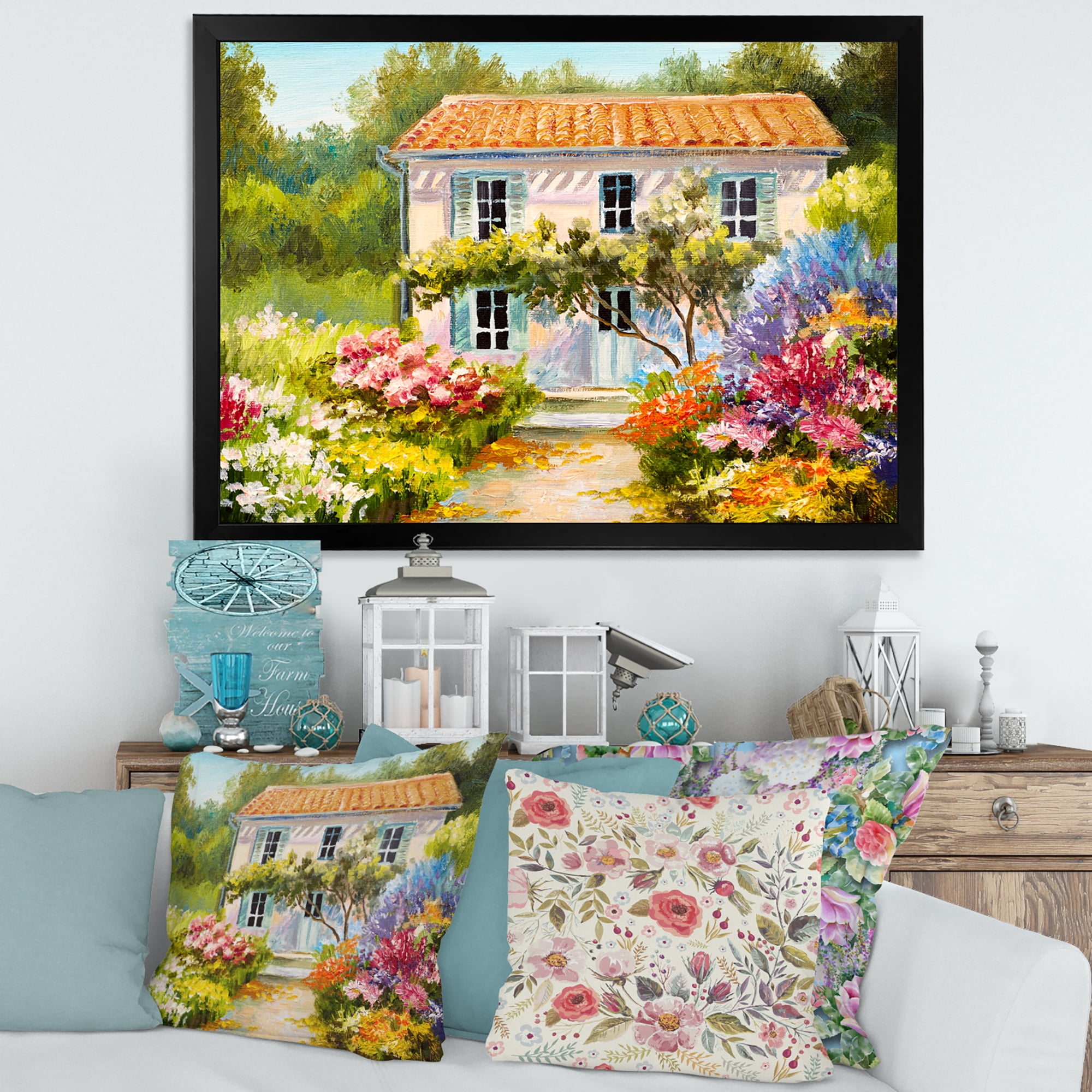 Designart 'The Mountain With Flowers With Little House II' Traditional Framed Art Print