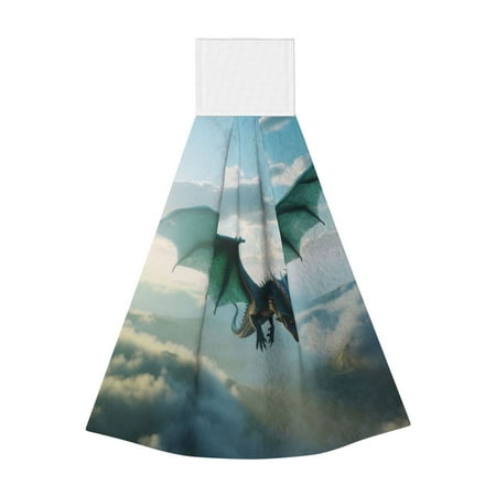 

Zufioo Cloud Sky Green Dragon Print Coral Fleece Velcro Hand Towel Hangable Absorbent Hand Towel Suitable for Kitchen Bathroom Household Items