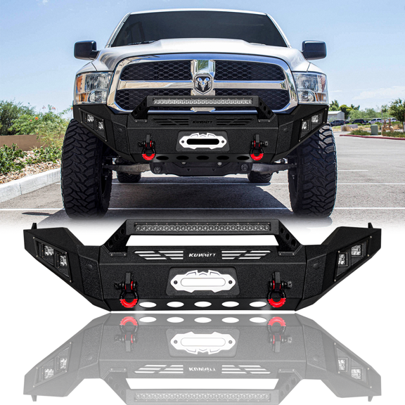 TIOYAR For 2013-2014-2015-2016-2017-2018 Dodge Ram 1500 (Not fit Rebel model) Steel Front Bumper With Winch Plate&Lights (Black Texture)