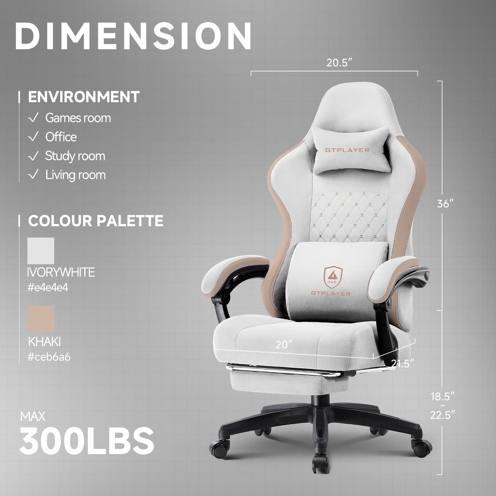 GTPLAYER Ergonomic High Back Pocket Spring Cushion Gaming Chair with Footrest & Linkage Armrests, Ivory