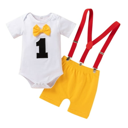 

ZHAGHMIN 24 Month Boy Tshirts Kids Boy Girls One 1St Birthday Outfits Clothes Short Sleeve Bow Tie Romper Shorts Pants Set Suspenders Size 8 Boys Clothes Fall Outfits For Boys 4T Baby Boys Twins Clo