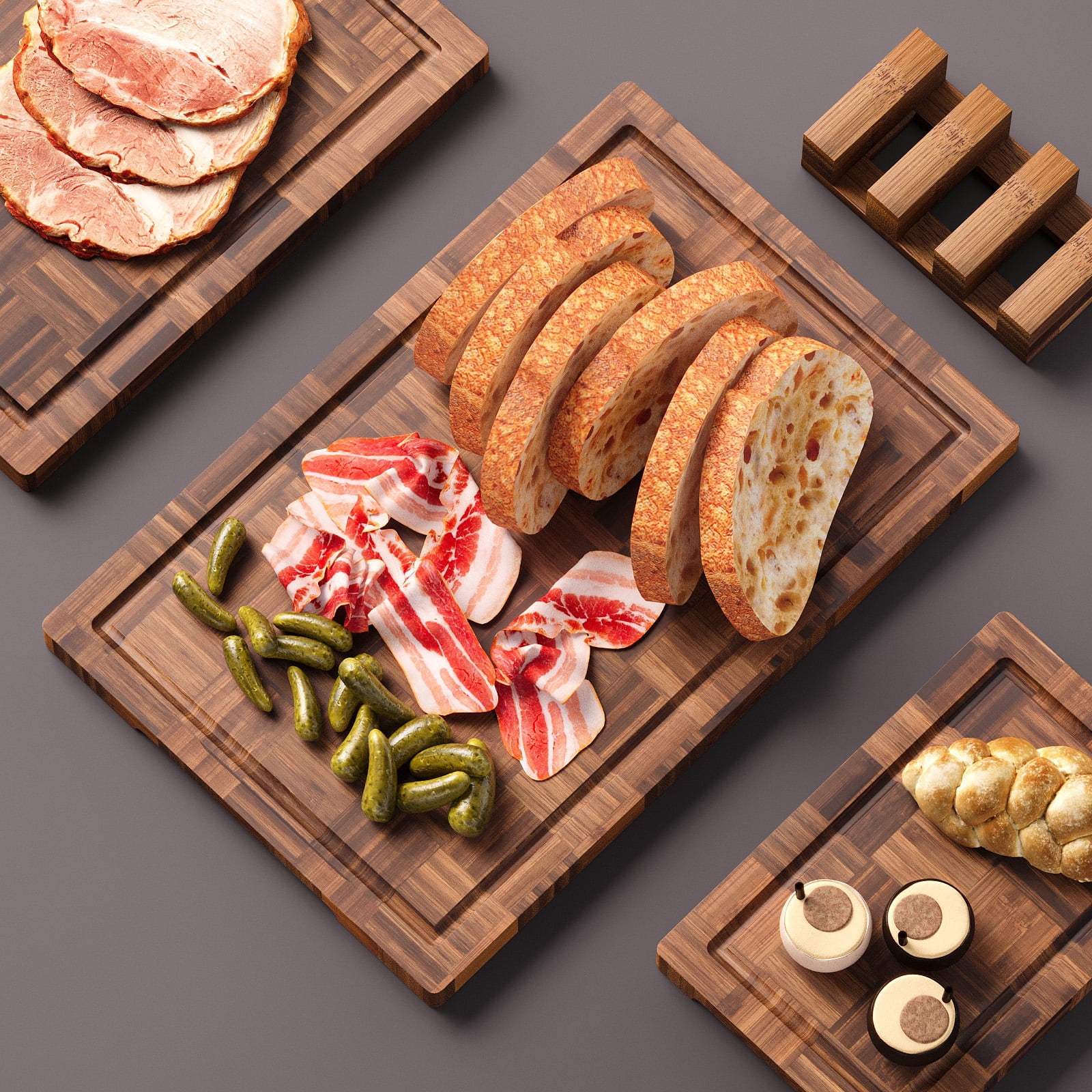 Bamboo Cutting Boards for Kitchen(Set of 3),Chopping Boards with Juice Groove,End Grain Bamboo Butcher Block,Serving Board with Holder