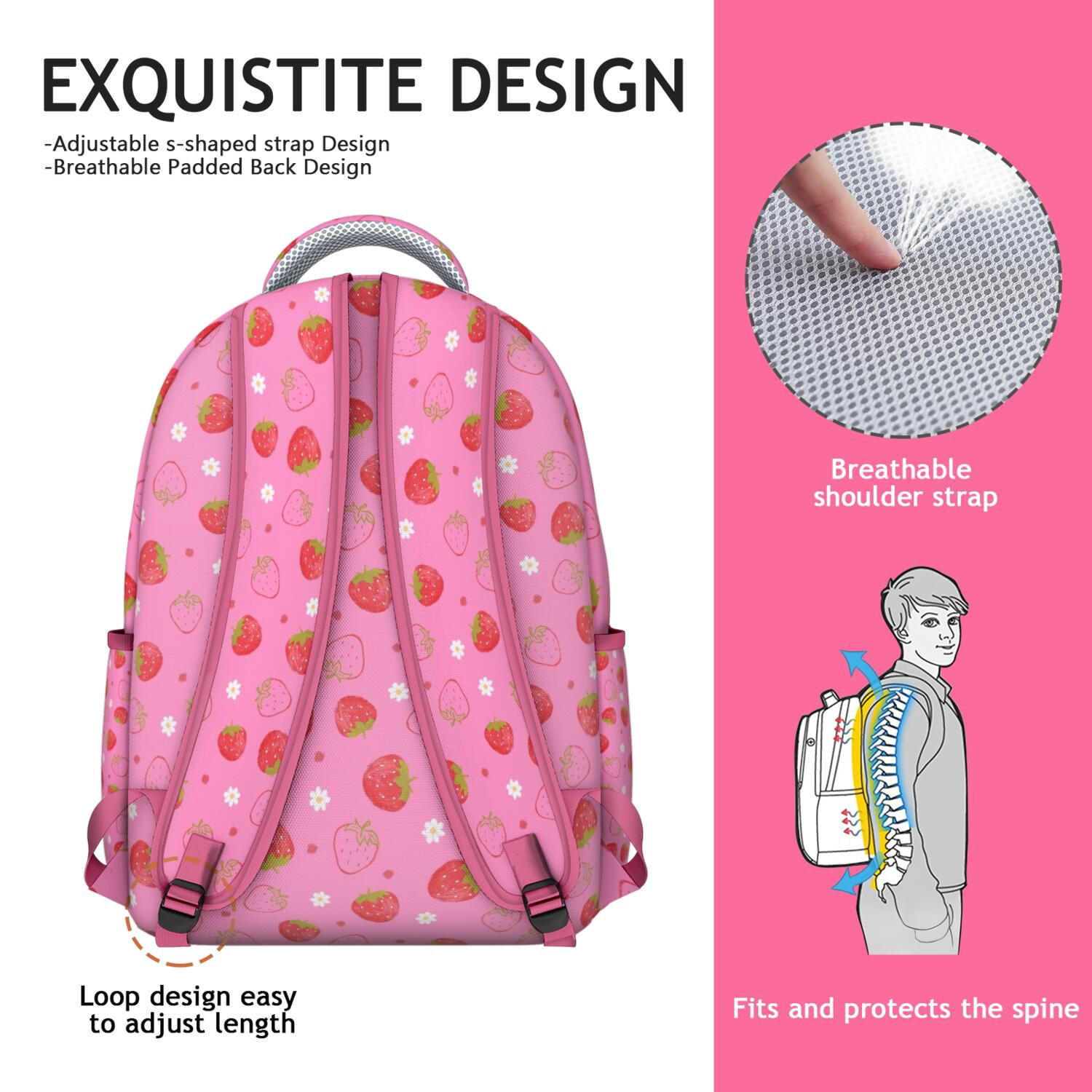 I Love Strawberries Backpack - Cute Kawaii Waterproof School Bag with Spinal Support & Breathable Comfort for Teens & College Students