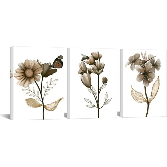 Hieng Flower Canvas Wall Art Brown Floral Painting Art Prints Transparent Floral with Butterfly Picture Artwork Modern Bedroom Bathroom Decor（Only canvas）