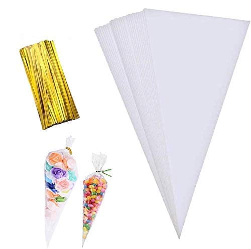 TWIST TIES LARGE CLEAR CELLO CONE BAGS SWEET CANDY KID PARTY FAVOUR CELLOPHANE 