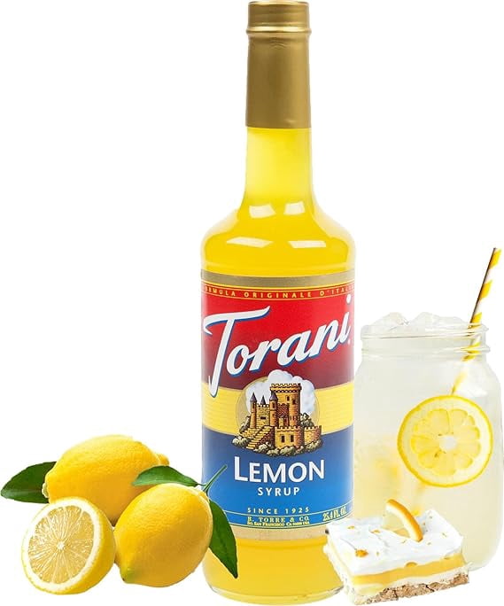 Torani Lemon Syrup, 750mL (25.4 fl oz) Glass Bottle + Gold Pump