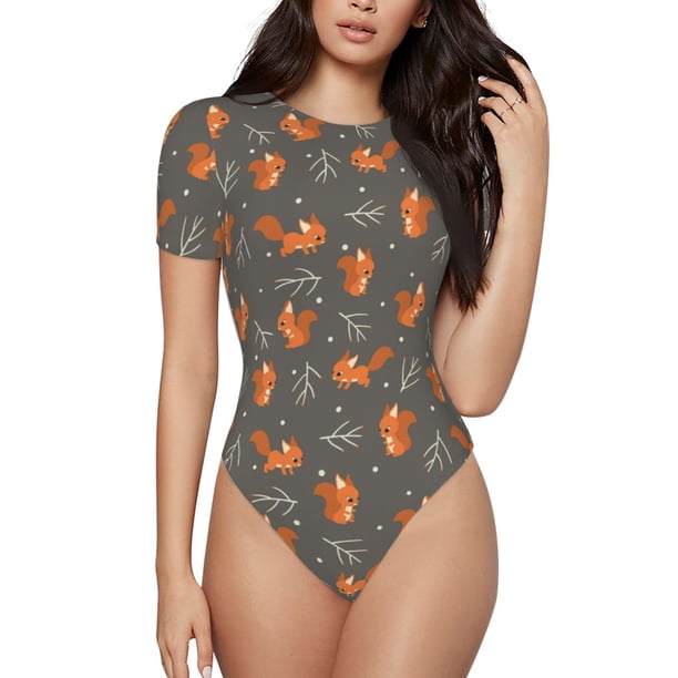 Balery cute fall fox leaf Body de cuello redondo de manga corta para mujer Tops de manga corta Tops básicos-Large