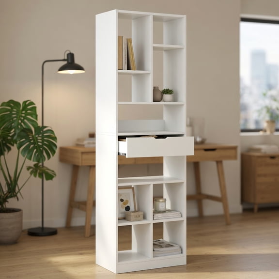 Resenkos 7-Tier 180cm Floor-Standing Bookshelf with Drawer - Display Rack & Storage Shelf, White
