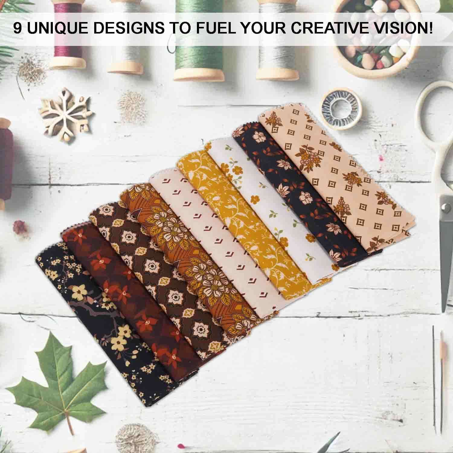 9Pcs Fat Quarter Bundle 100% Cotton for Quilting Cushions Cotton Fabric for Patchwork, DIY Making Supplies Quilting Patchwork Fabric, 18" x 22" - Earthy Elegance