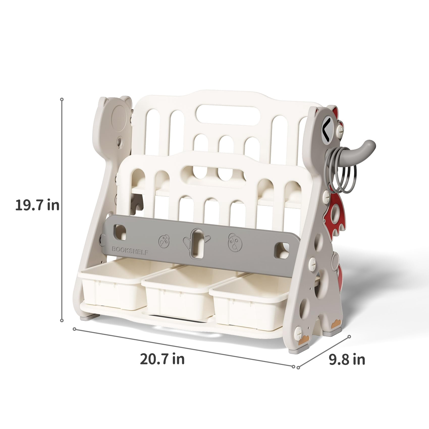 UNICOO® Kids Baby Dragon 2 Tier Bookshelf with 3 Toy Storage Bins, Children Bookshelf & Toy Organizer (Grey & White)