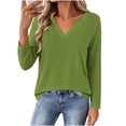 thumbnail image 2 of Xaqiouau Women's V-Neck Long Sleeve T-Shirt Solid Color Relaxed Fit Basic Top Stretch Casual Base Layer Shirt Spring Fall Everyday Wear Versatile Staple Green XL, 2 of 7