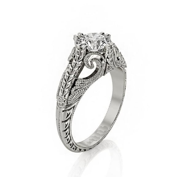HeartsAndYou 1ct Round Cut Moissanite Engagement Ring for Women 18k White Gold Over Silver Leaf Vintage Inspired Milgrain