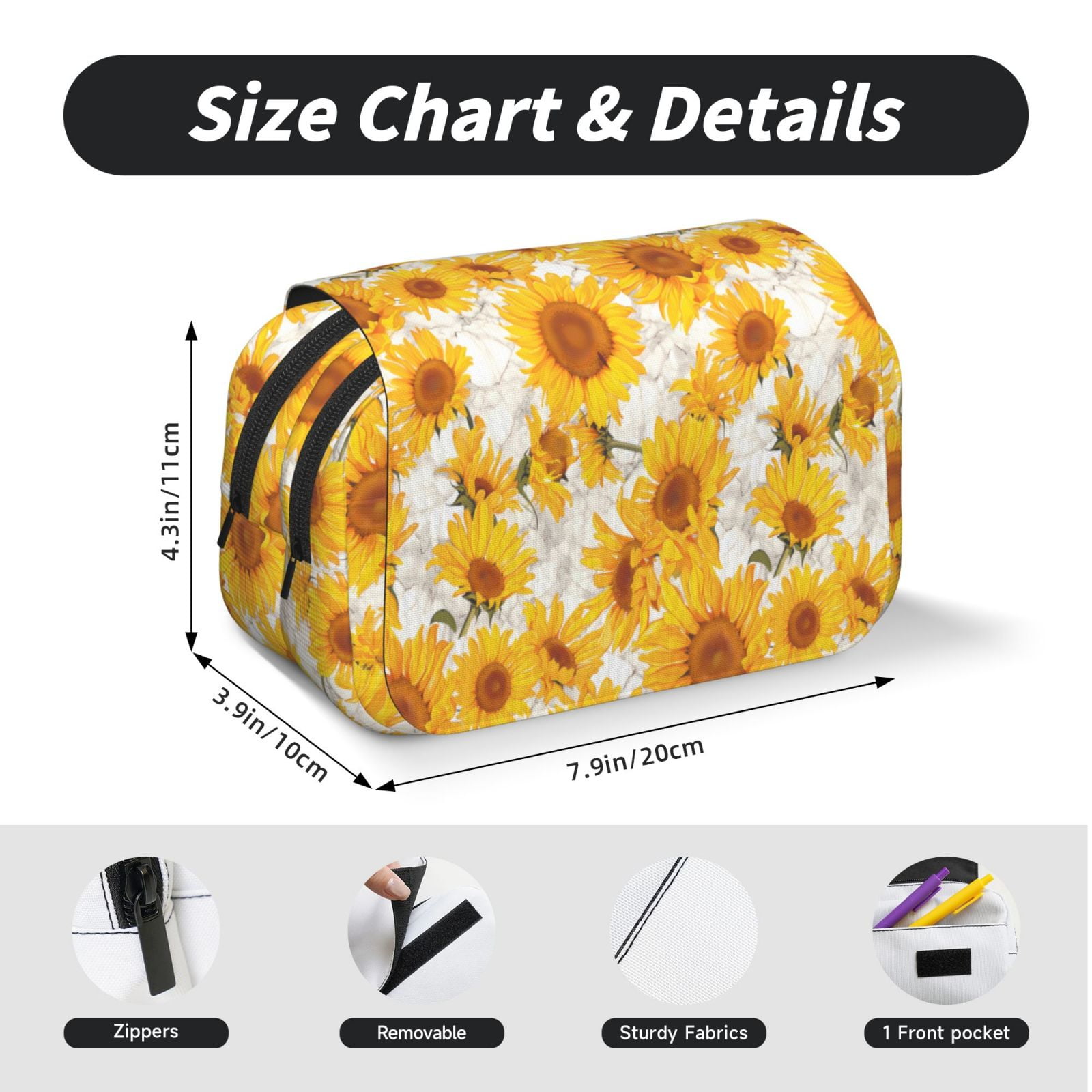 Rateoe White Marble Pattern Sunflower Pattern Double Clamshell Pen Case, Storage Organizer with Two Zipper Compartments– Holds Up to 50 Pencils & Pens