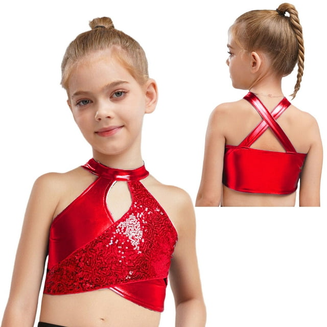 Jizyo Haut Court de Danse Métallique à Sequins Brillants pour Filles, Dos Croisé Sans Manches, Rouge 14