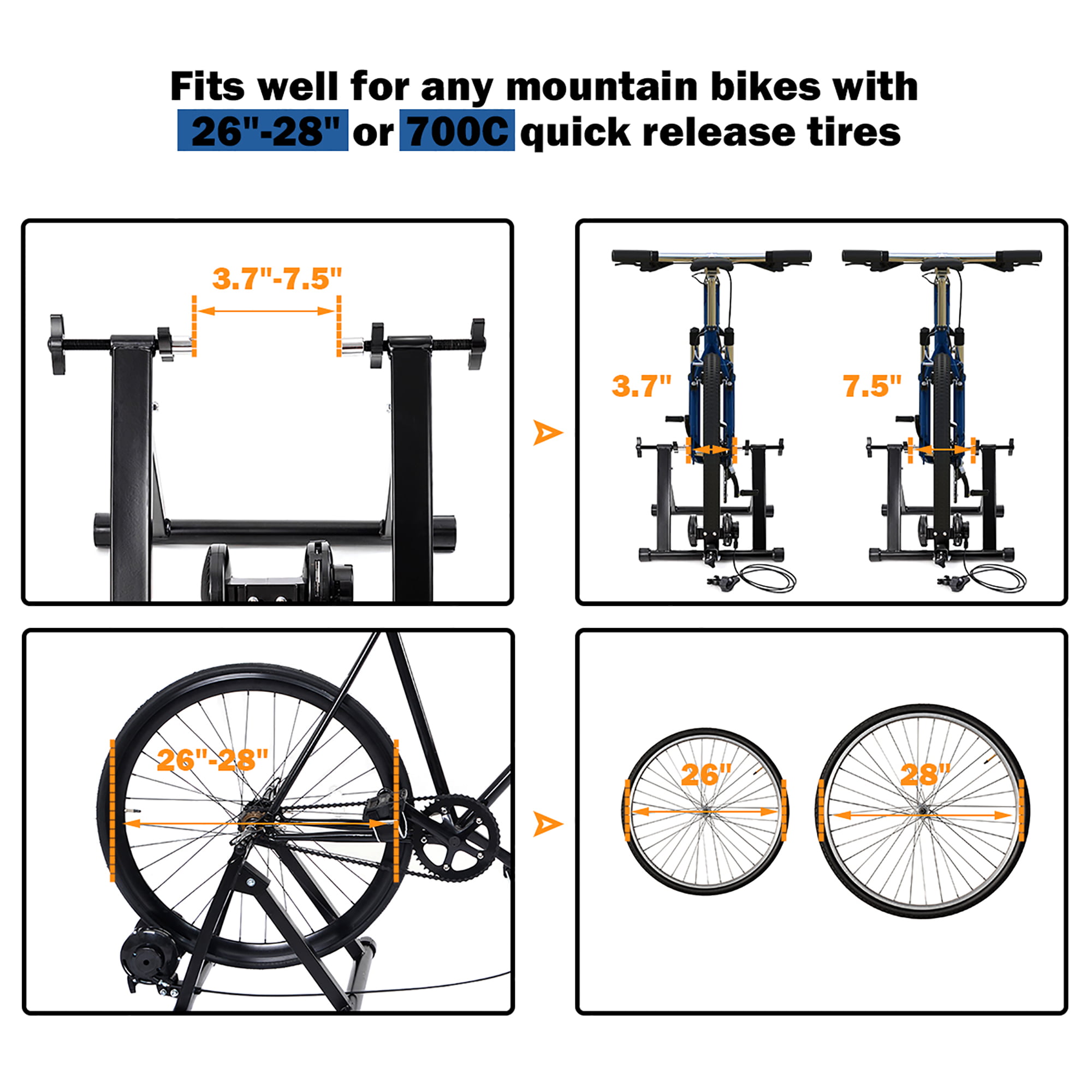 P/N: ET-HOME008- Black Indoor Bike Trainer Stand Portable Magnetic Stainless Steel Exercise Bicycle Bike Trainer Stand Fit 26-28,700C Wheels HTTMT 