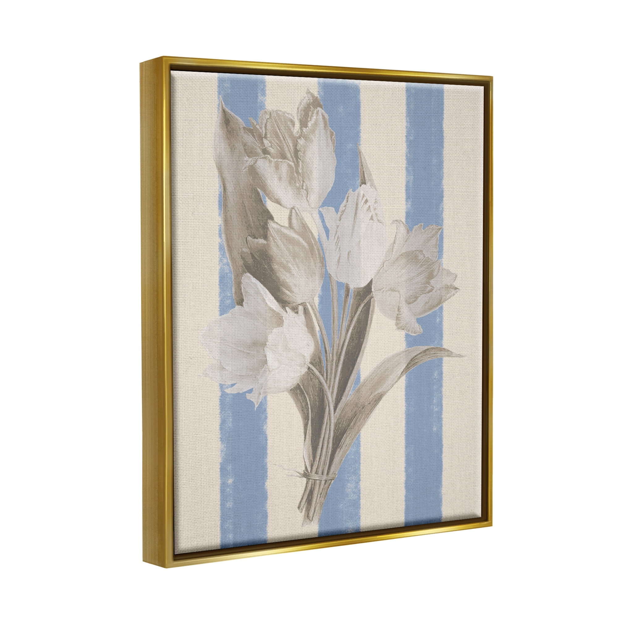 Stupell Industries Tulip Bundle on Stripes Botanical & Floral Painting Gold Floater Framed Canvas Art Print Wall Art, 17 x 21