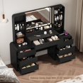 thumbnail image 3 of FANRAL Curved Wood Vanity with LED Frame Mirror,Built-in Power Outlet & 8 Drawers,Open Shelves Dressing Table with Large Storage for Bedroom,Black Vanity, 3 of 9