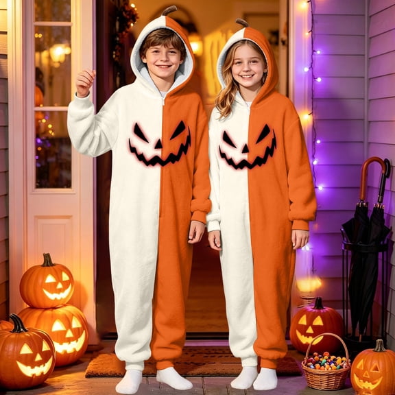 CUZIBR Kids Girls Halloween Onesie Pajamas Boys Hooded Plush Pumpkin Pajama Patchwork Zip Up Long Sleeve Jumpsuit Loungewear Cozy Nightwear,Beige,7-8 Years