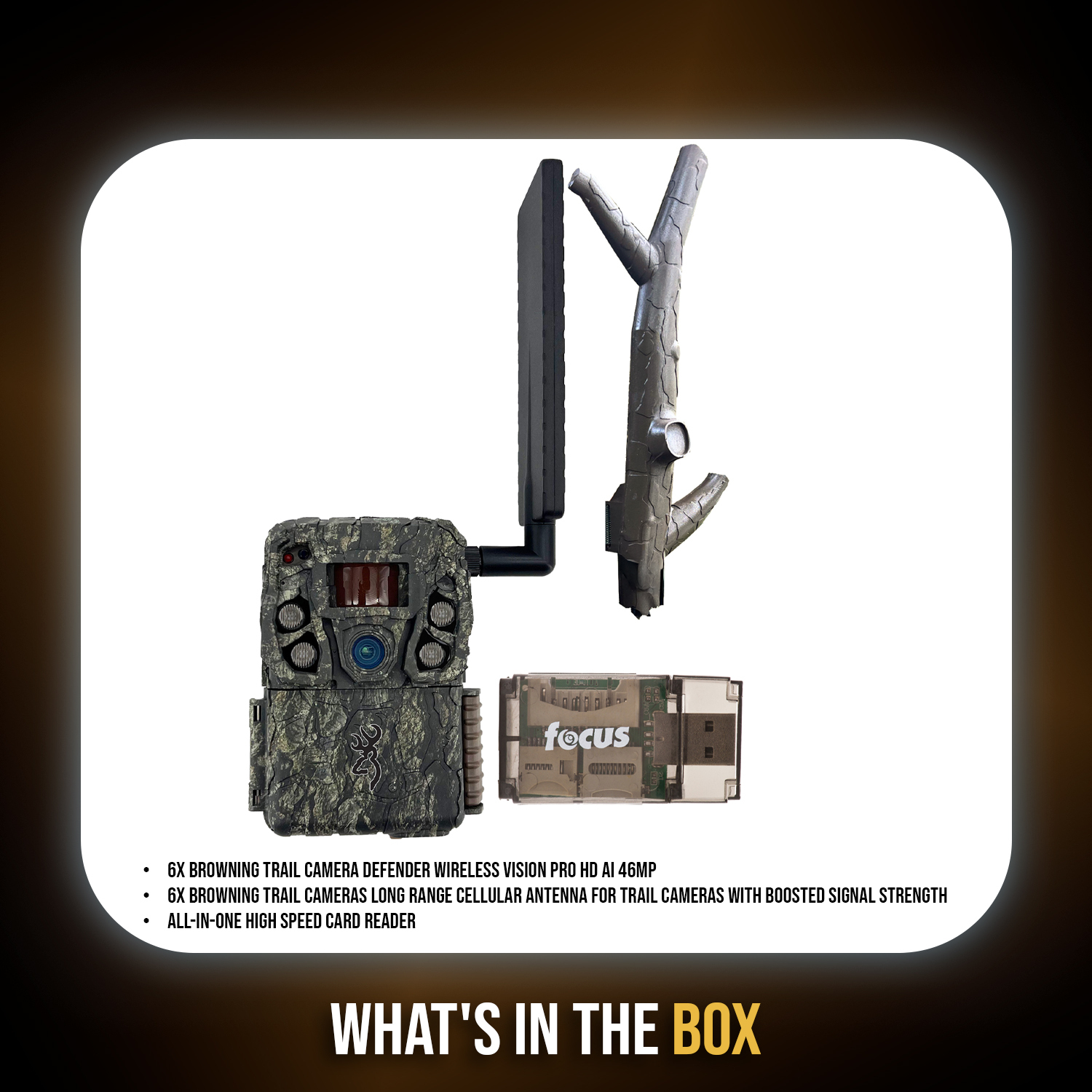 Browning Trail Camera - Defender Wireless Vision Pro HD AI 46MP (6 Pack) Bundle with Long Range Cellular Antenna and Card Reader (13 Items)