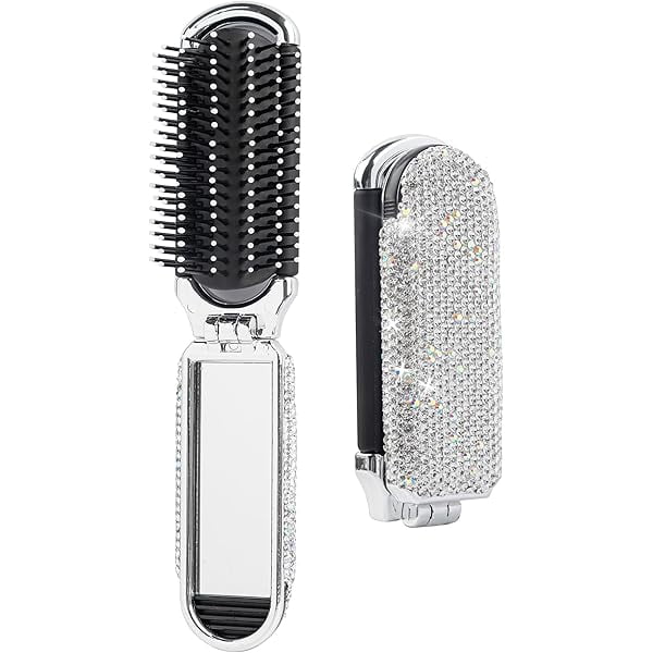 wonima11 , Rhinestone Travel Hair Brush with Mirror Crystal Portable Folding Pocket Sparkle Collapsible Compact Comb for Women Silver