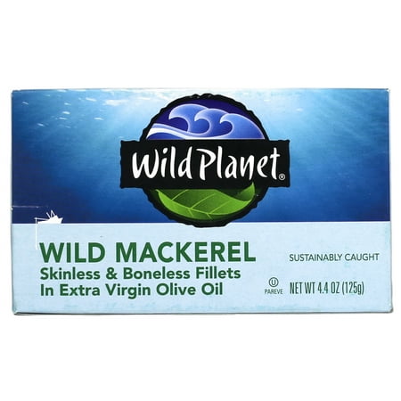 Mackerel Packs - (4 Pack) Wild Planet Skinless Boneless Wild Mackerel Fillets in Organic EVOO, 4.4 oz