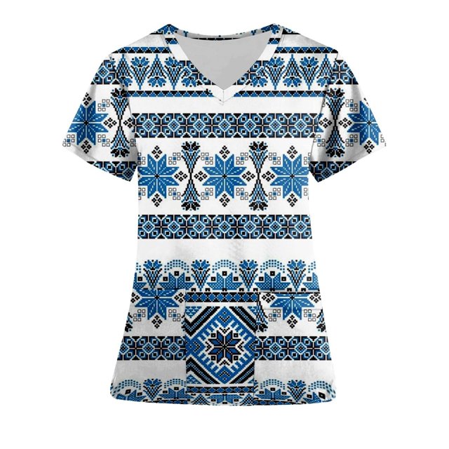 Blusa de manga corta con cuello en V para mujer, blusa de bolsillo con estampado de uniforme de trabajo OAVQHLG3B Store lin121212