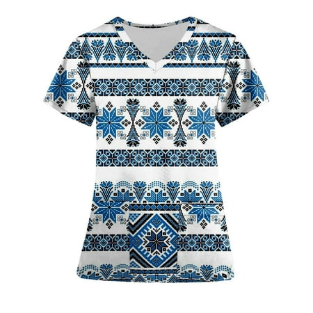 

fartey Women Aztec Nurse Scrubs Ethnic Print Pockets Tunic Fit Uniform Tees Casual V Neck Short Sleeve Lightweight Soft Tops
