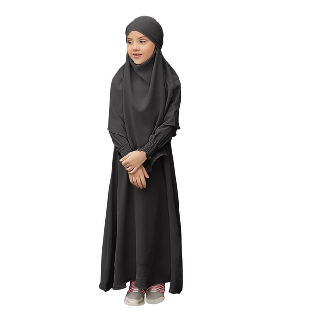 RXMEKW Ensemble de Robe Musulmane avec Châle pour Filles Manches Longues Col Rond Robe à Volants Tenue 2 Pcs Rose