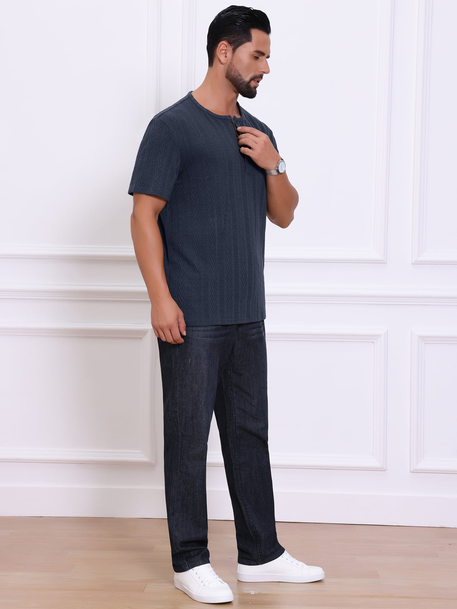 DARING DIVA Men's Henley Short Sleeve Button Down Jacquard Knitted T-Shirt S Dark Blue