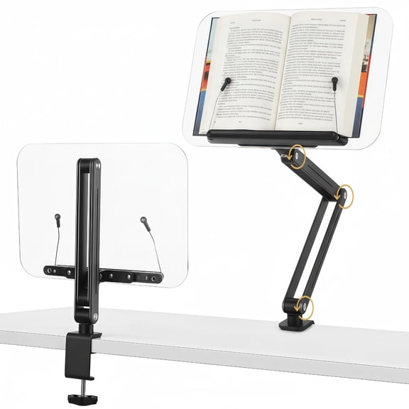 Desk Clamp Book Stand for Reading, 360° Adjustable Cookbook Stand, Height and Angle Adjustable, Foldable Aluminum Alloy Desktop Recipe Book Holder for Sheet Music, Tablet, Bible