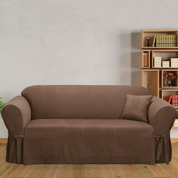 SureFit Soft Suede 1 Piece Sofa Slipcover, Relaxed Fit Furniture Cover, Chocolate