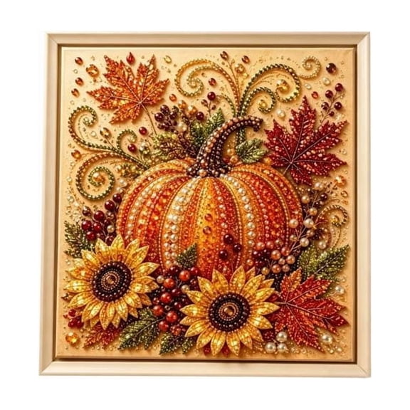 Autumn Pumpkin Pearl Painting Kit, Fall Diamond Art Pumpkins Bead Crafts Home Decor for Adults DIY 3D Sparkling Sunflowers Animals Artwork with Frame Seasonal Wall Art Beginner DIY Party Gift