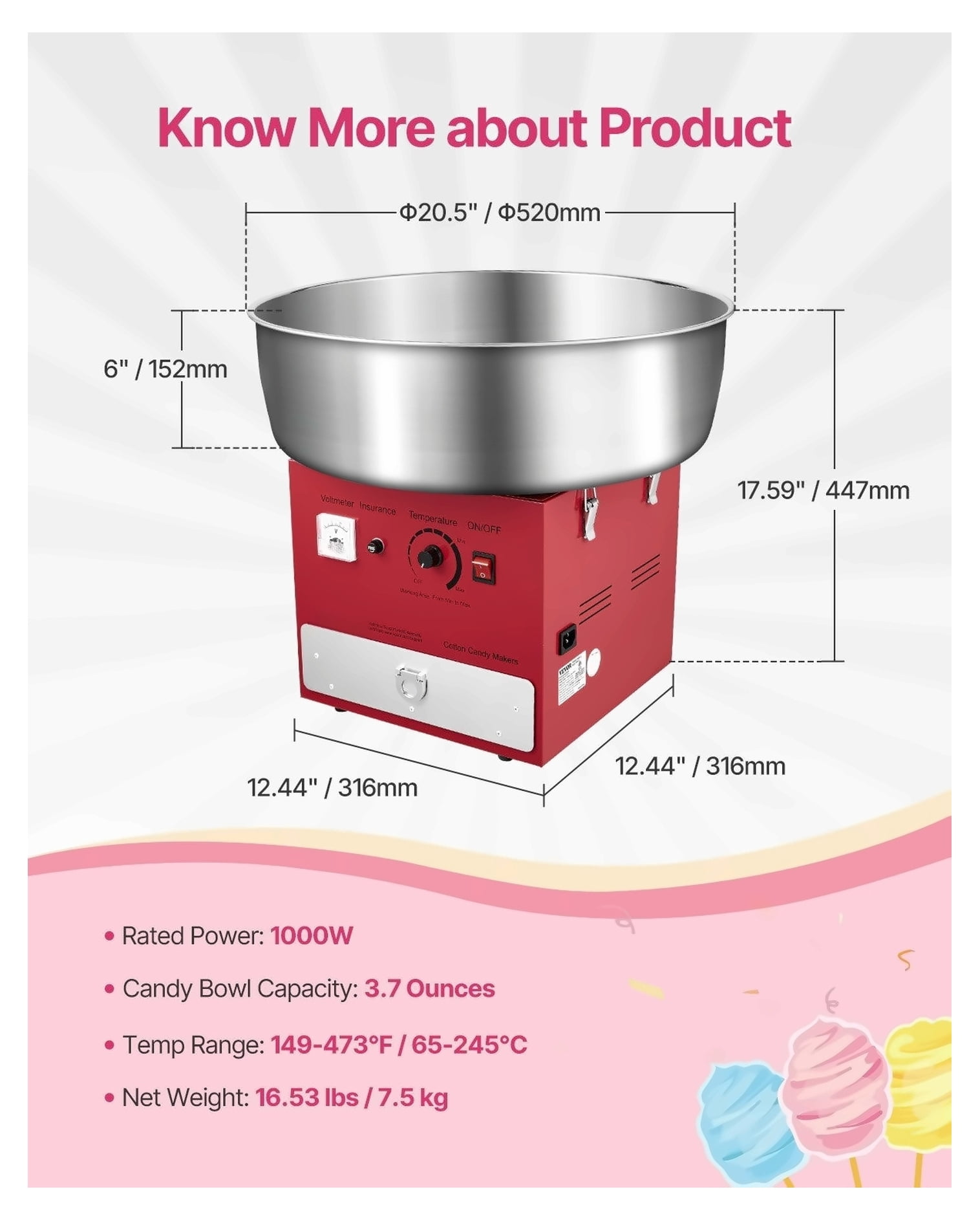 Cotton Candy Machine Commercial 1000W Floss Maker for Parties - Red