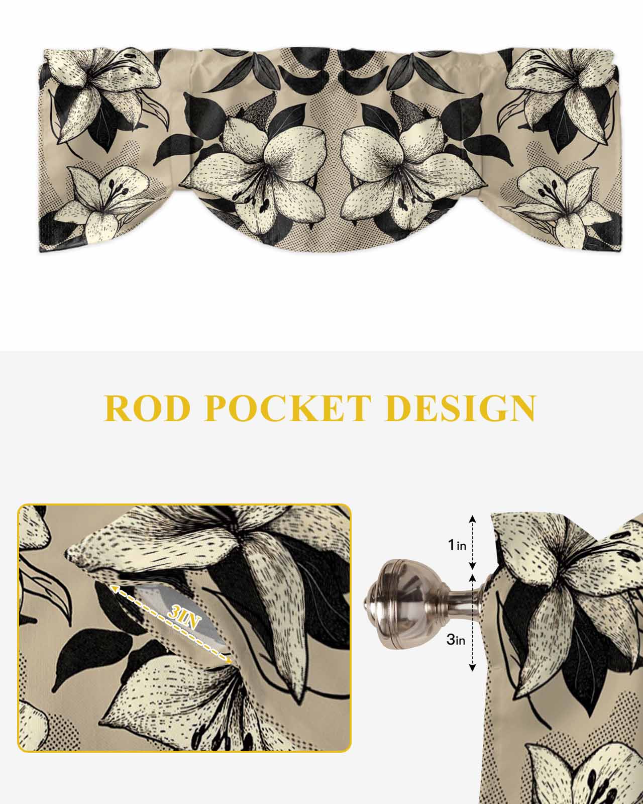 White Flowers Tie Up Valances Curtain, Black Leaf Vintage Khaki Background Kitchen Valances for Windows Decor, Rod Pocket Short Curtains Set for Bedroom/Bathroom, 54"x18"