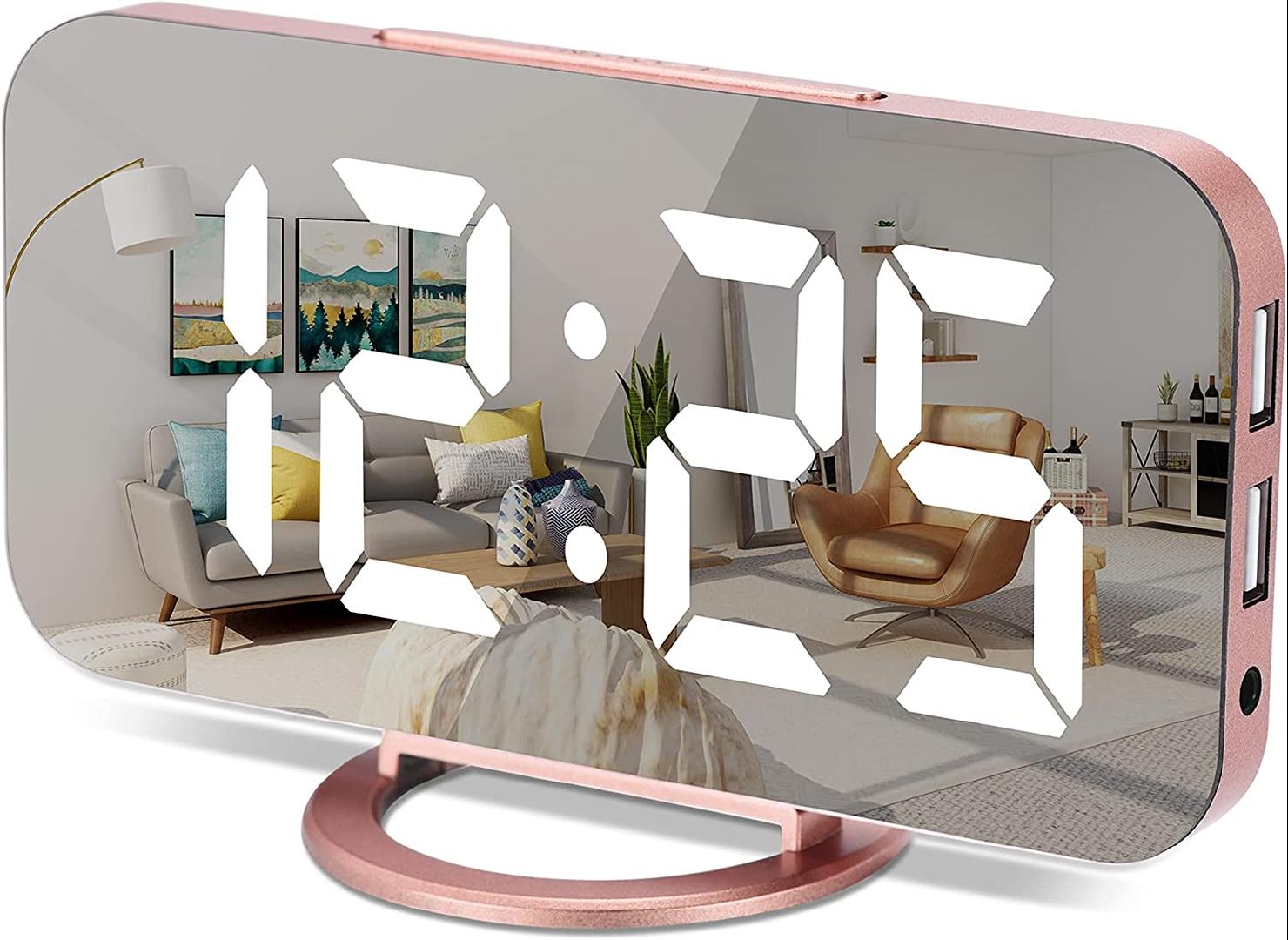 Digital Alarm Clock,7 Inch LED Mirrored Large Display, with Dual USB