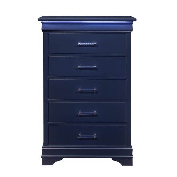 16" Blue Solid Wood Five Drawer Chest with LED Lighting
