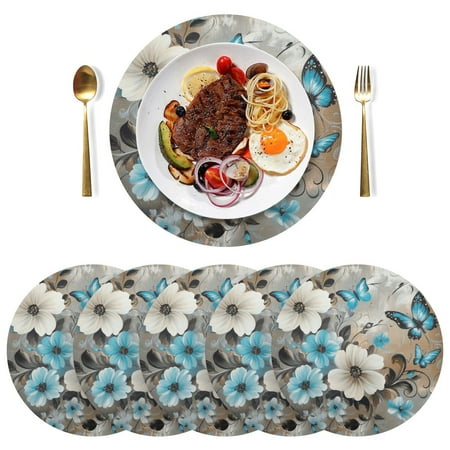 

Qxltty 15inch Round Placemats Set of 6 Polyester Fabric Heat Resistant Washable Table Mat for Kitchen Party Decor Dainty Flora