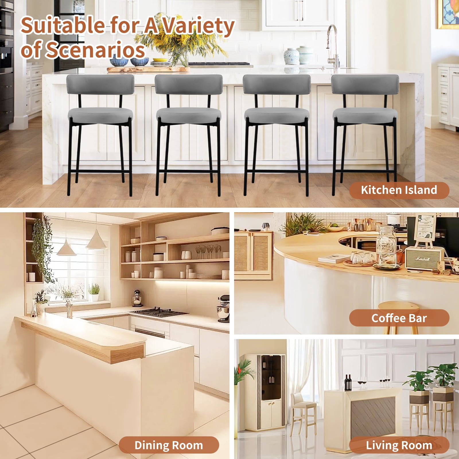 Furniliving Bar Stools Set of 2, Modern Counter Height Bar Stools with Back, Upholstered Bar Height Barstools for Kitchen Counter/Home Bar/Dining Room, Faux PU-Gray