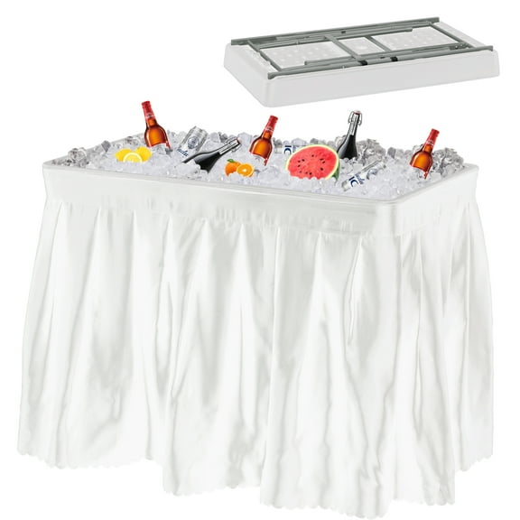 HARIPUL Outdoor Ice Cooler Table with Removable Skirt and Drain, 4FT Portable Cooler Table with Storage Shelf for Camping & Party, White