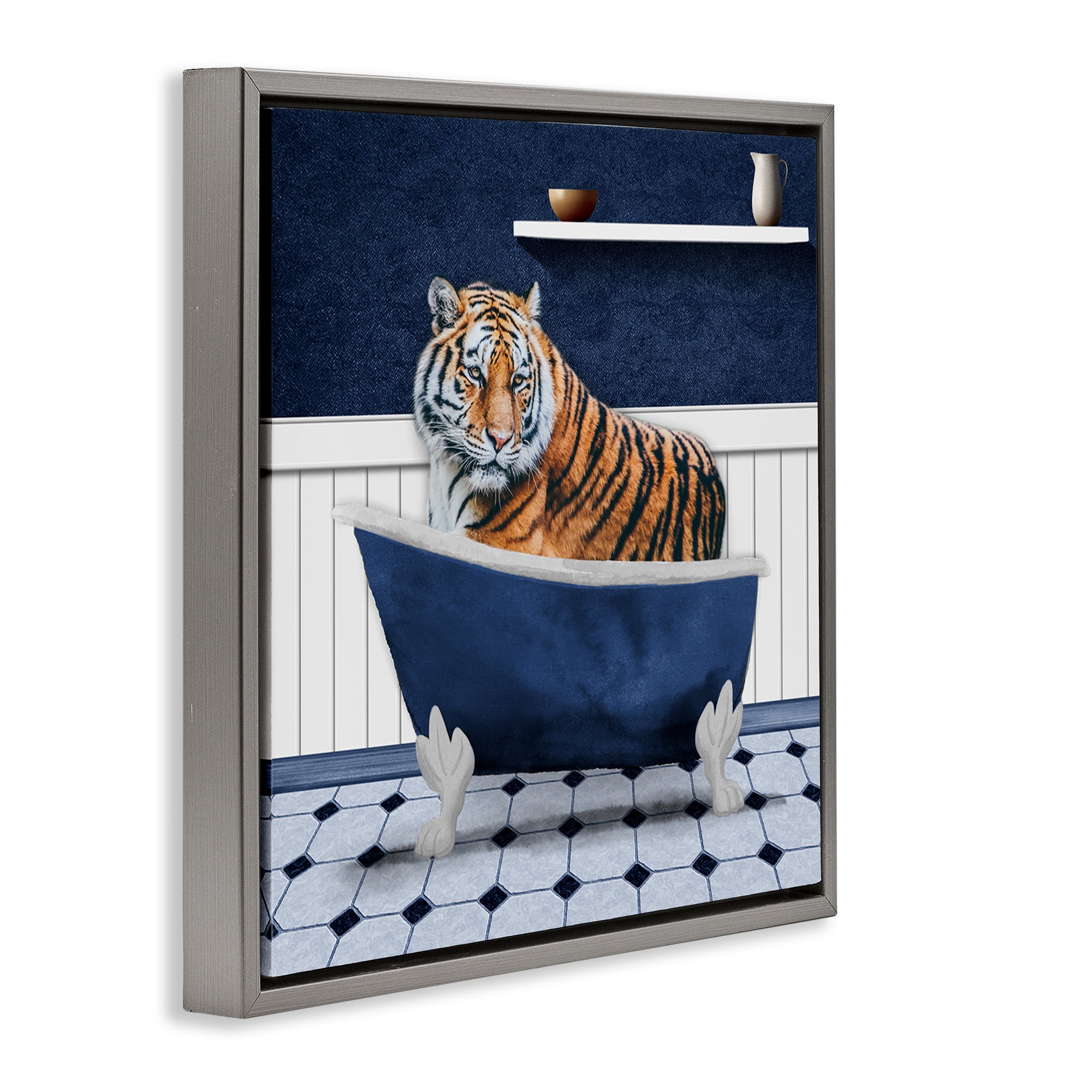 Stupell Industries Tiger in Blue Bathroom Bath & Laundry Painting Gray Floater Framed Canvas Art Print Wall Art, 25 x 25