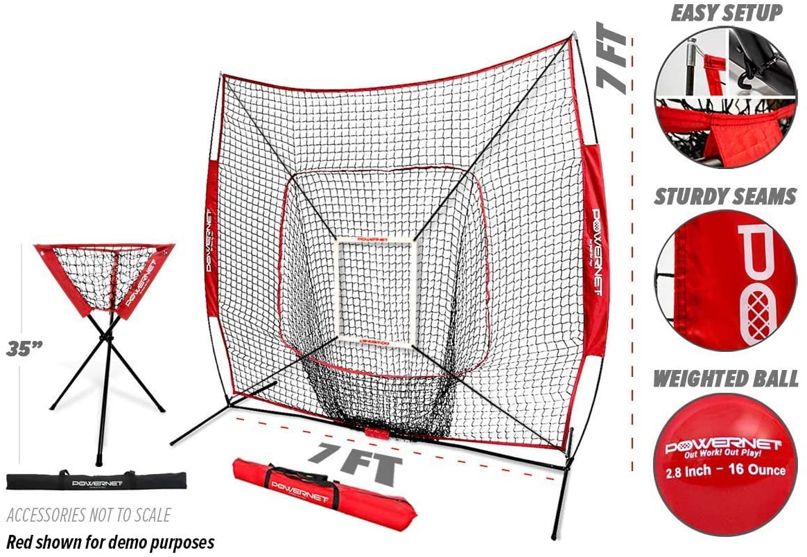 PowerNet Baseball Softball Practice Net 7x7 with Baseball Accessories for Practice Pitching & Batting, Ball Caddy, Weighted Baseballs, Tee (Deluxe Training Kit)