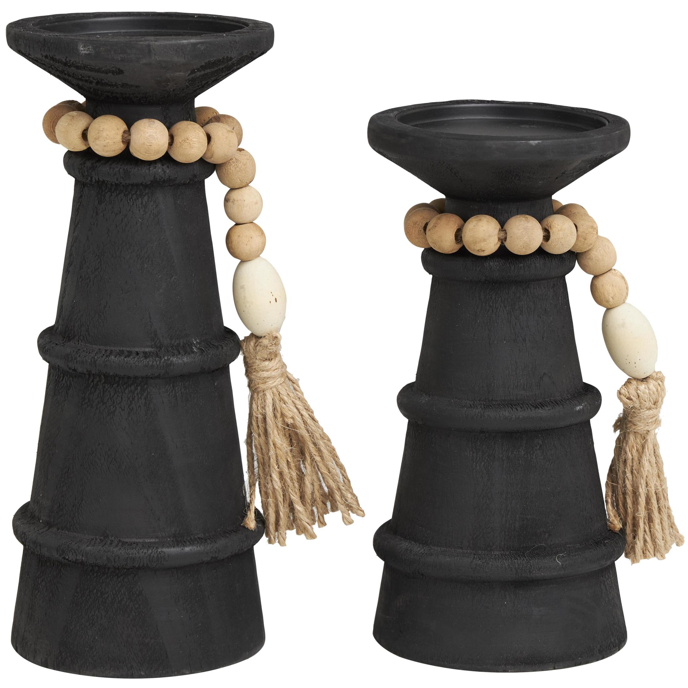 DecMode 2 Candle Black Wood Handmade Textured Matte Candle Holder with Beaded Garland Accent, Set of 2