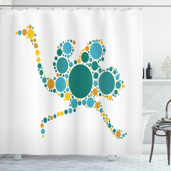 Ostrich Shower Curtain, Abstract Geometric Circles and Dots Featured Modern Mammal Pattern, Fabric Bathroom Set with Hooks, 69W X 70L Inches, Teal Earth Yellow Blue, by Ambesonne