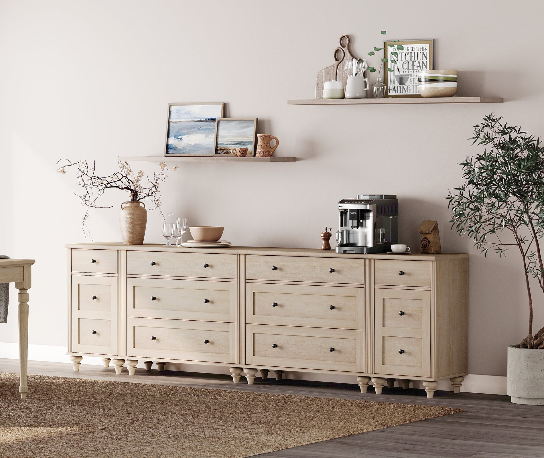 WAMPAT Farmhouse TV Stand for 100 Inch TV, 3-in-1 TV Console Table with 8 Drawers and 2 Storages, Entertainment Center with Charging Station for Living Room, Beige