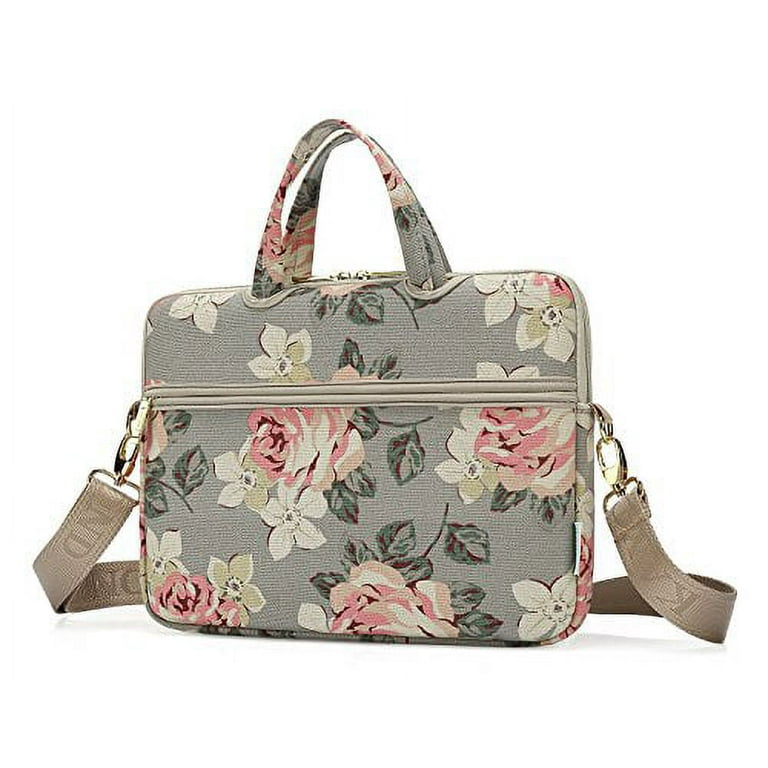 ZZAEO Cute Floral Laptop Shoulder Bag - Fleur-de-Lis Pattern, Fits 13" & 14" MacBooks & Ultrabooks, Black Canvas With Strap