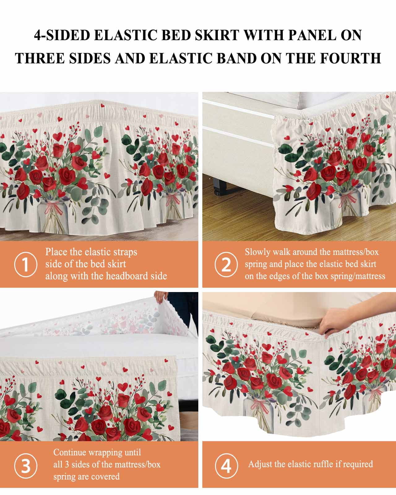 Red Rose Bed Skirt Queen Size 18 Inch Drop, Eucalyptus Leaf Floral Linen Texture Adjustable Elastic Dust Ruffles Bedskirt for Queen Bed Wrap Around Pleated Mattress Frame Cover