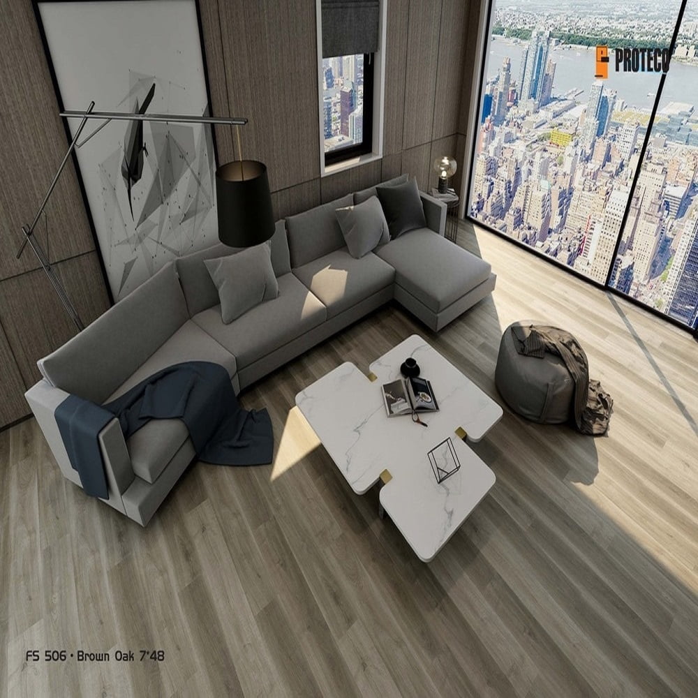 Dekorman Water-Proof Vinyl SPC Rigid Core, Brown Oak (FS506). Click-Locking, 48in L x 7.1in W x 5.5mm (4mm+1mm IXPE+0.5mm Wearlayer) T per plan, 10 planks per box, 23.64 sqft per case.