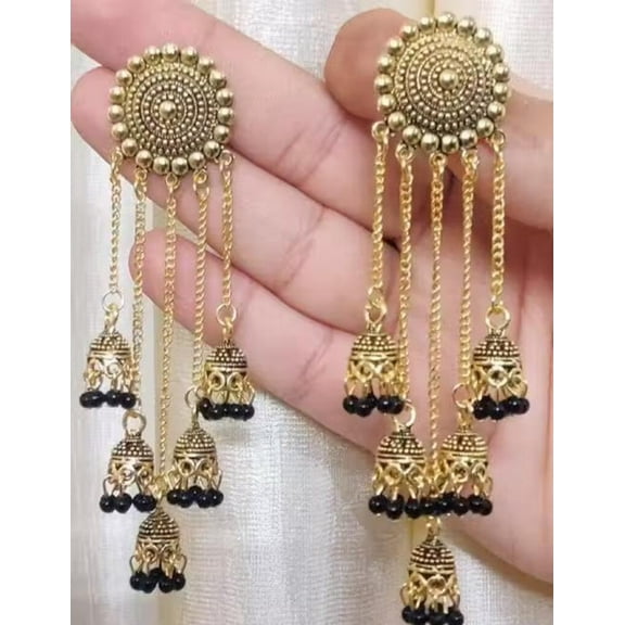 Traditional Long Jhumka Earrings with Black Beads for Women – Ethnic Wedding & Party Jewelry