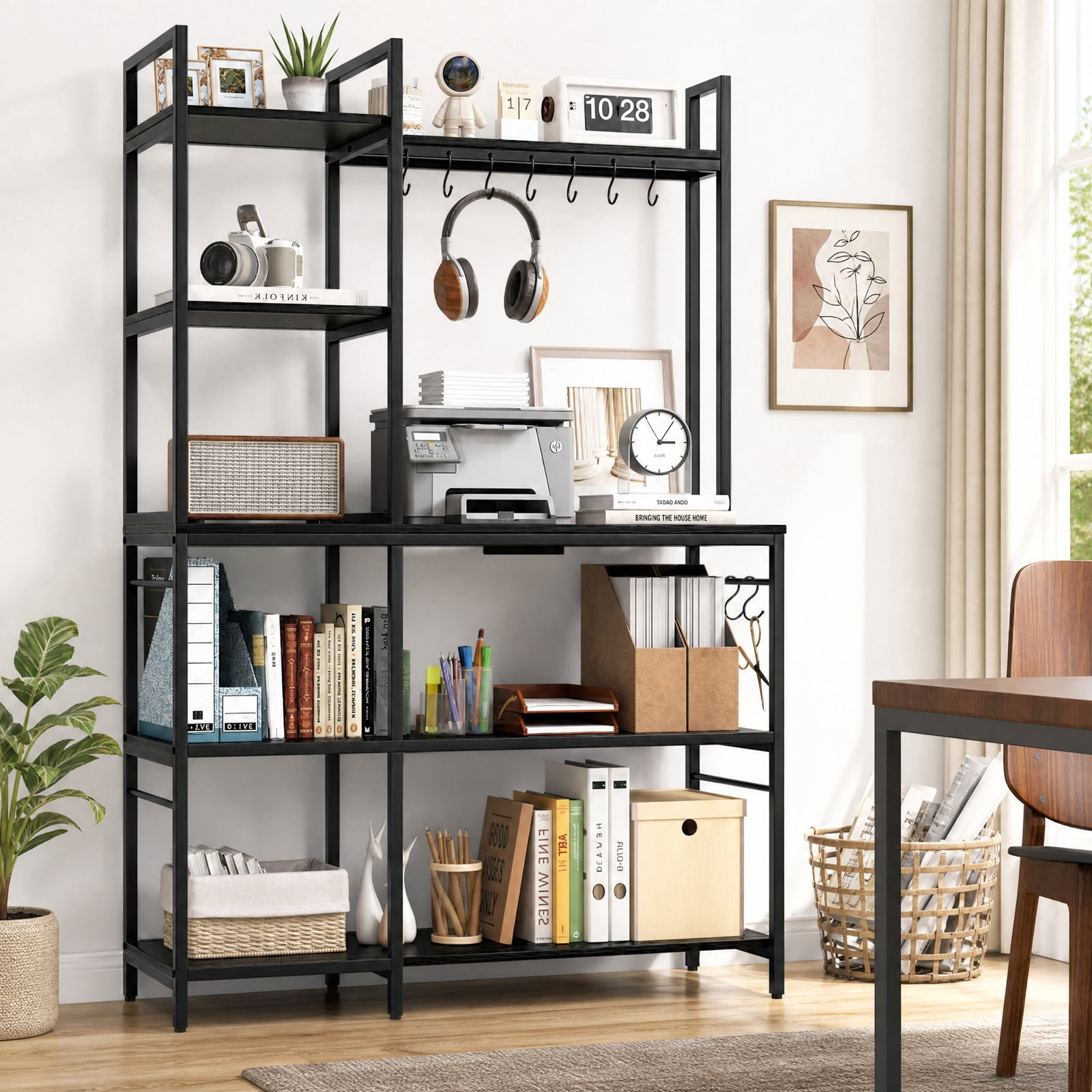 RUIE 5-Tier Baker's Rack with Power Outlets and 10 S-Hooks, Kitchen Storage Stand with Charging Station and Side Hanging Bars, Coffee Bar Shelf, Black