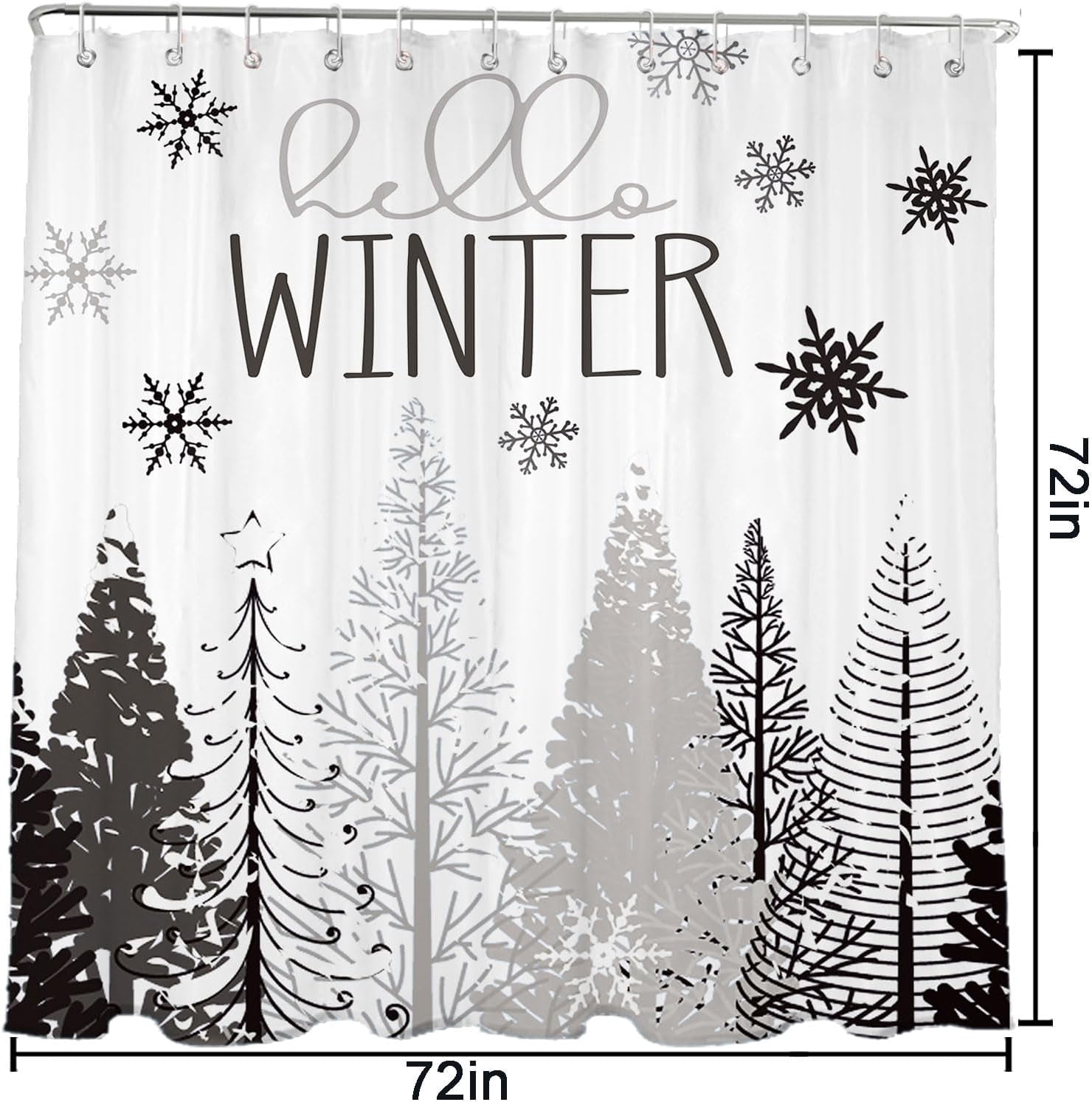Winter Shower Curtain, 72"X72" Snowflake Shower Curtain, Grey Christmas Shower Curtain Fabric with Hooks, Farmhouse Christmas Tree Bathroom Decor, Holiday Xmas Bathroom Set